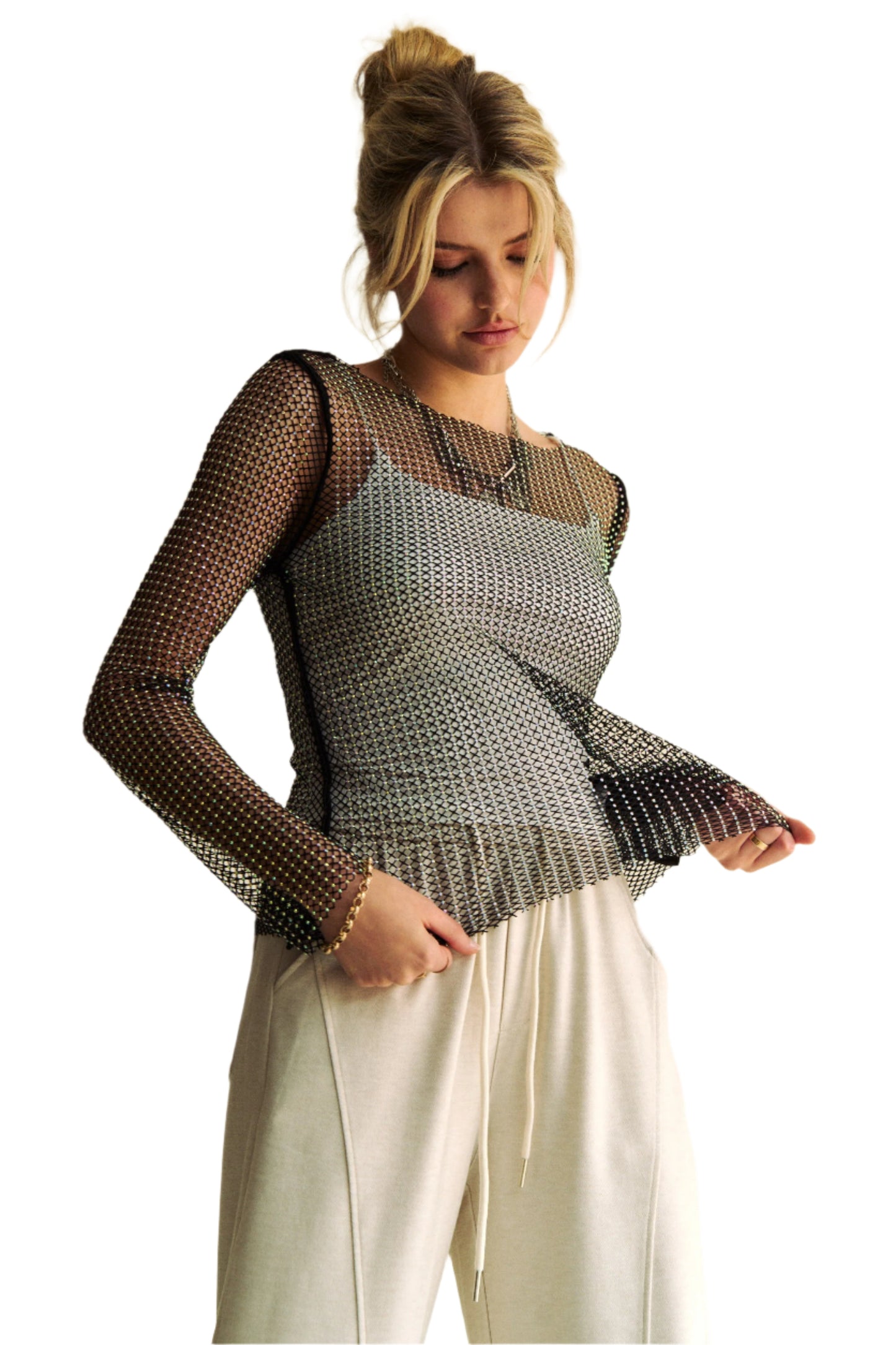 TEEK - Black Sparkling Rhinestone Sheer Mesh Round Neck Top TOPS TEEK Trend S