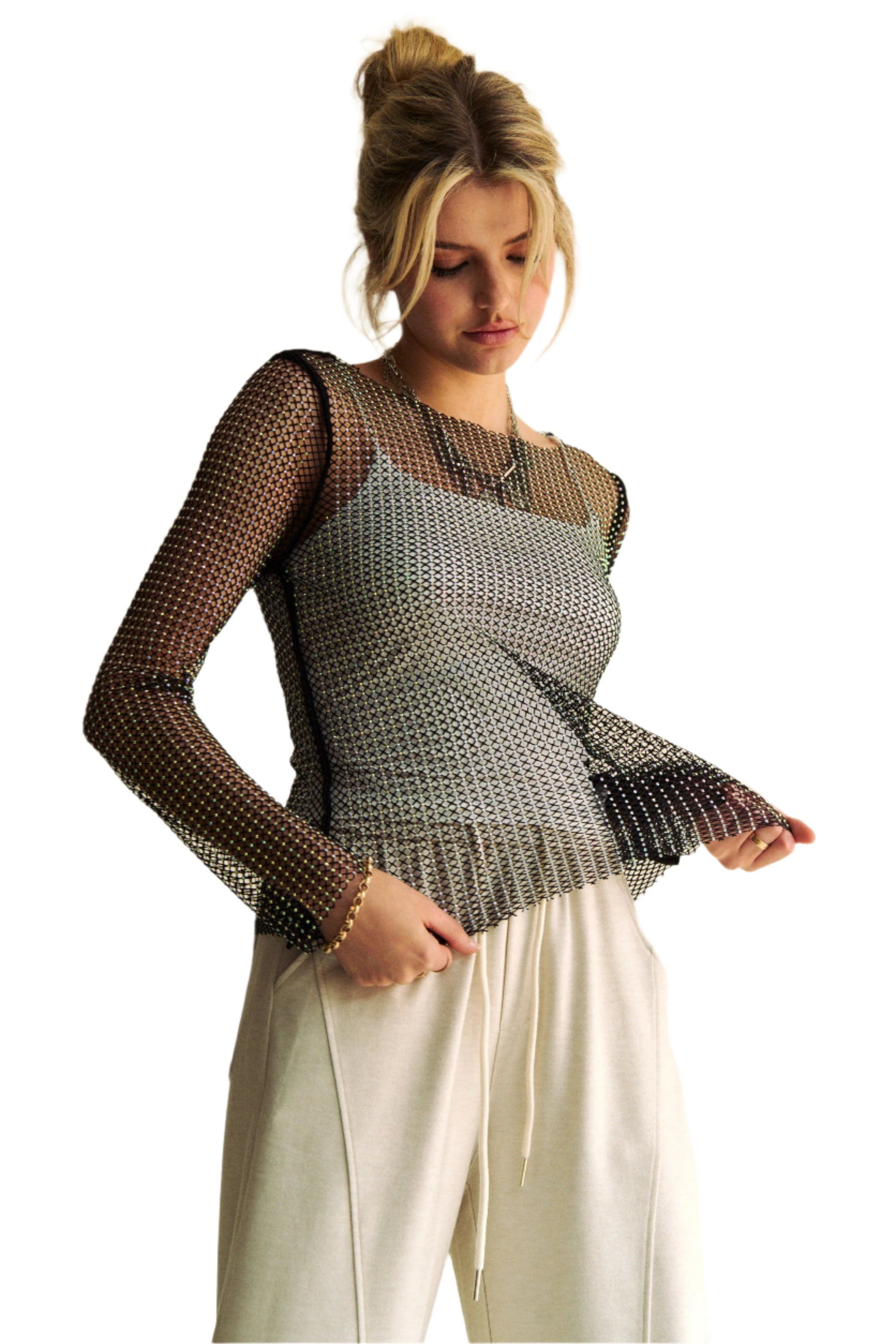 TEEK - Black Sparkling Rhinestone Sheer Mesh Round Neck Top TOPS TEEK Trend S