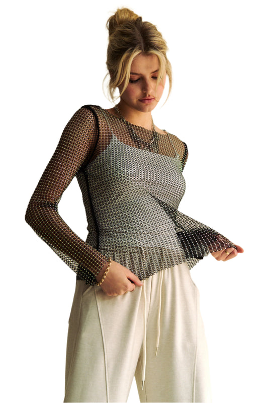 TEEK - Black Sparkling Rhinestone Sheer Mesh Round Neck Top TOPS TEEK Trend S