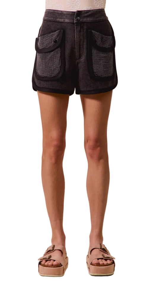 TEEK - Charcoal Black Mineral Washed Terry High Rise Cargo Shorts SHORTS TEEK Trend S