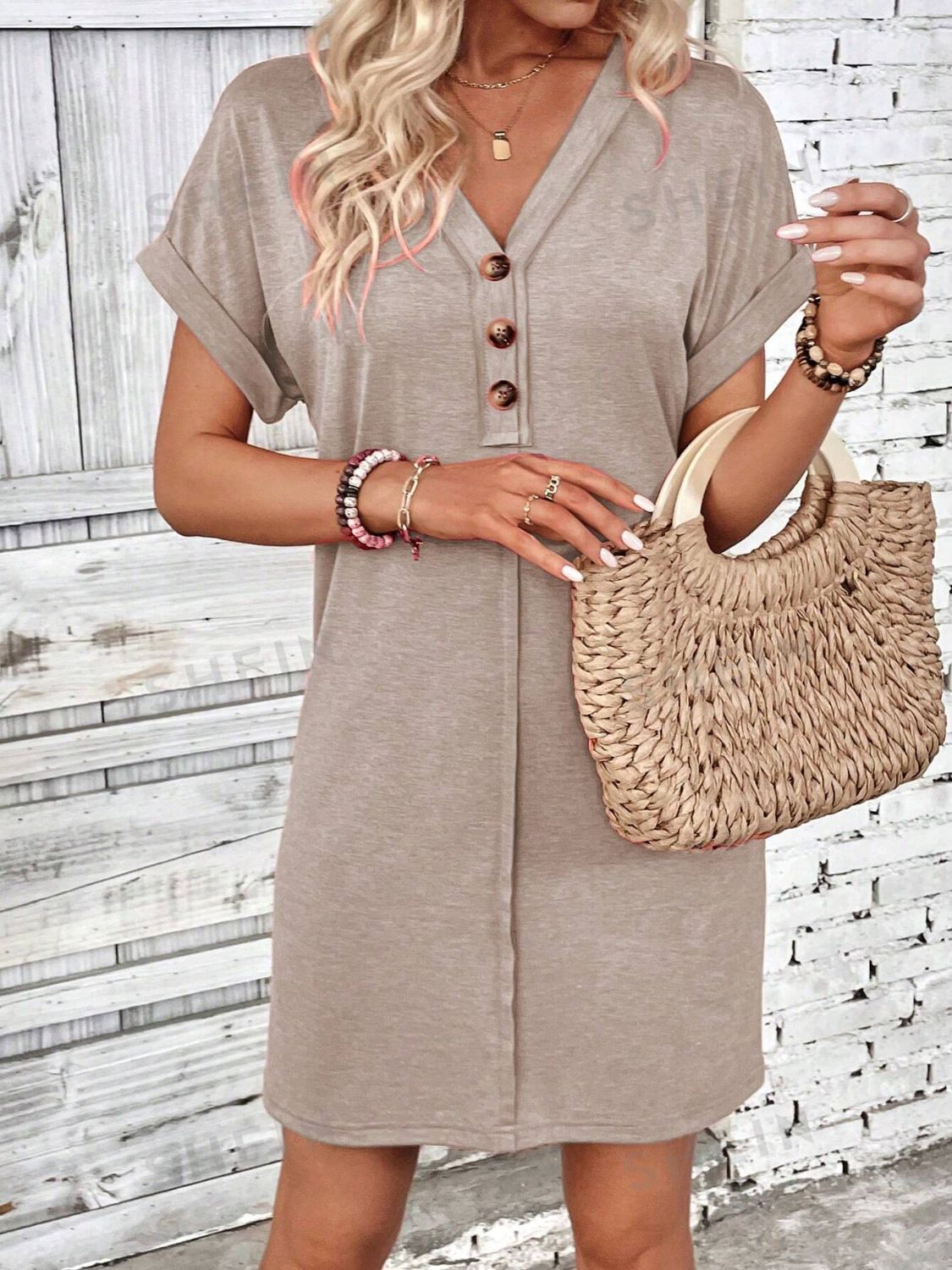 TEEK - Quarter Button V-Neck Short Sleeve Dress DRESS TEEK Trend   