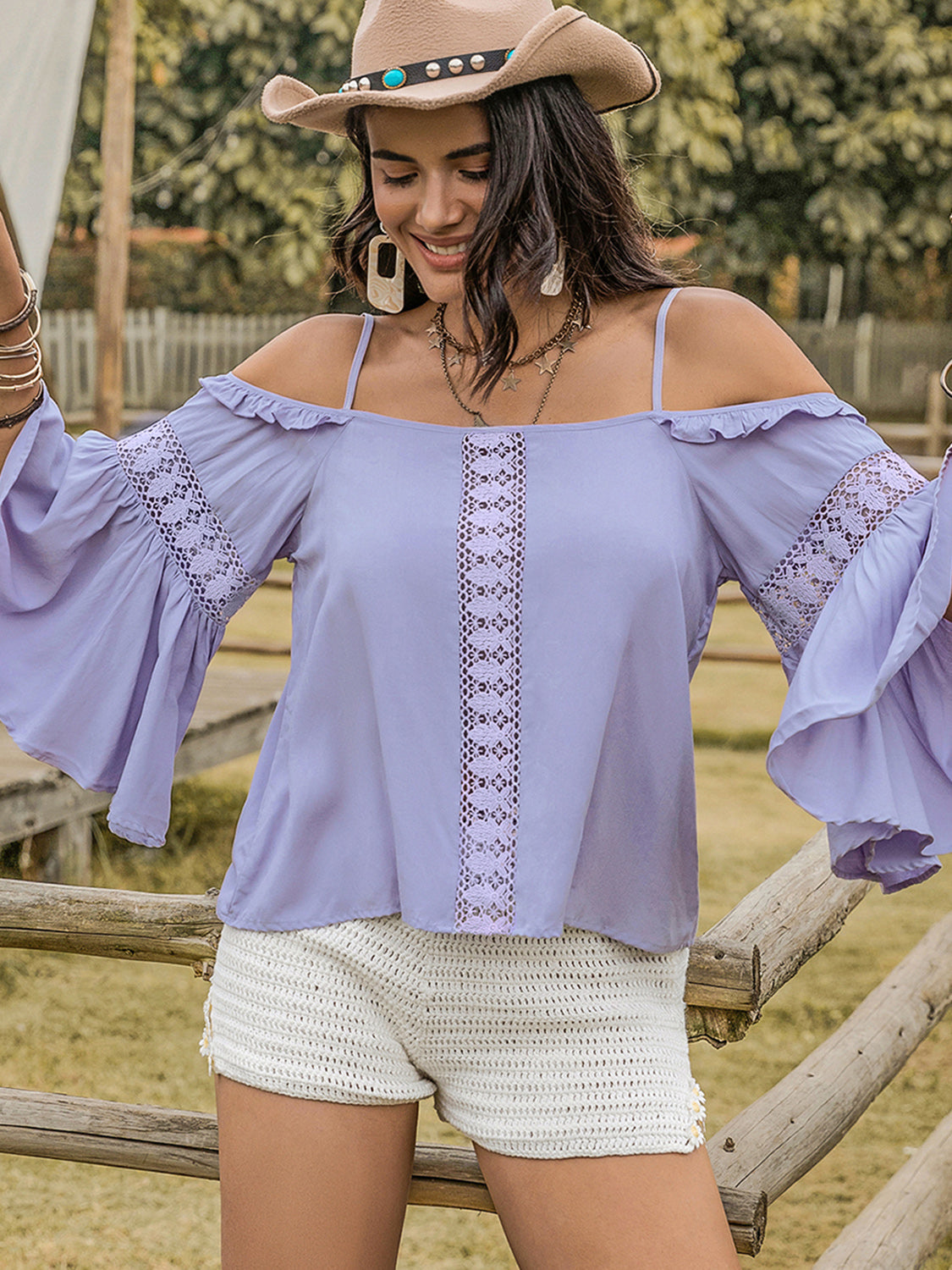 TEEK - Bue Purple Square Neck Flare Sleeve Blouse TOPS TEEK Trend   