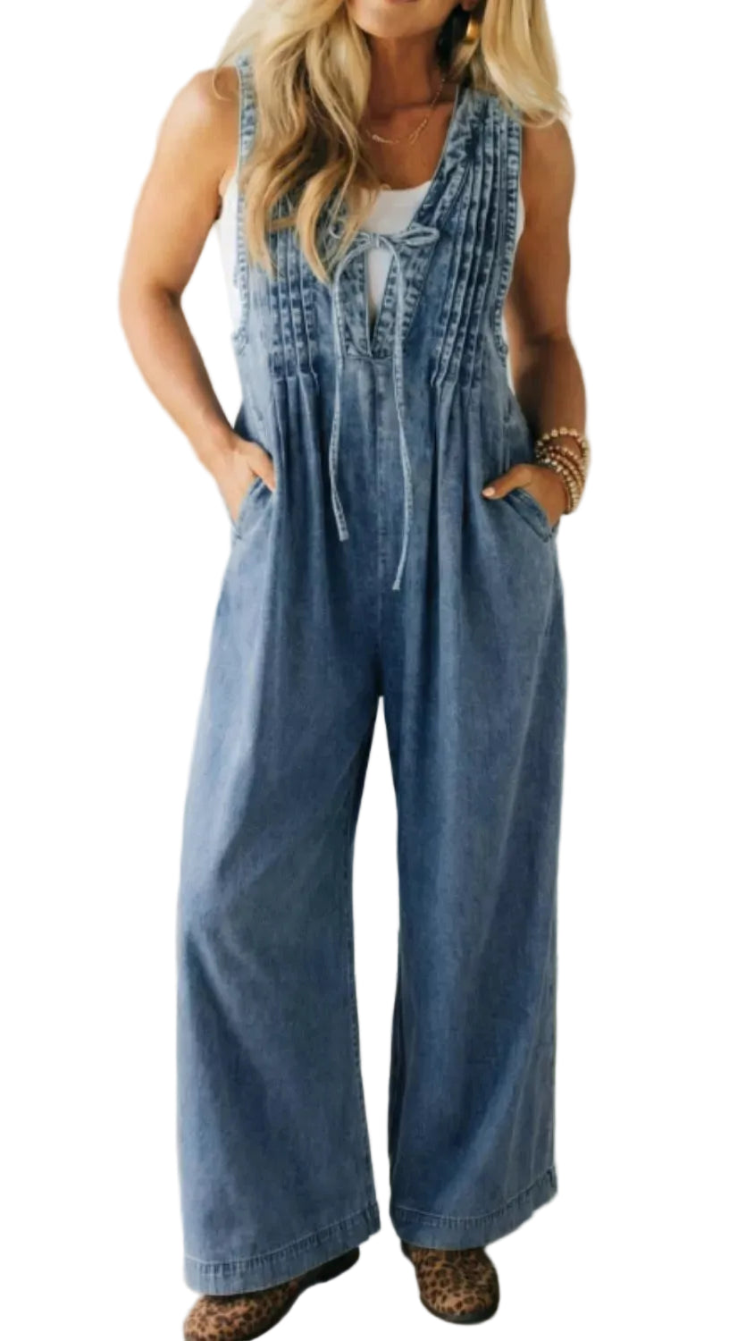 Acid Wash Pintuck Tie V Neck Denim Wide Leg Jumpsuit Trendsi Dusty Blue S