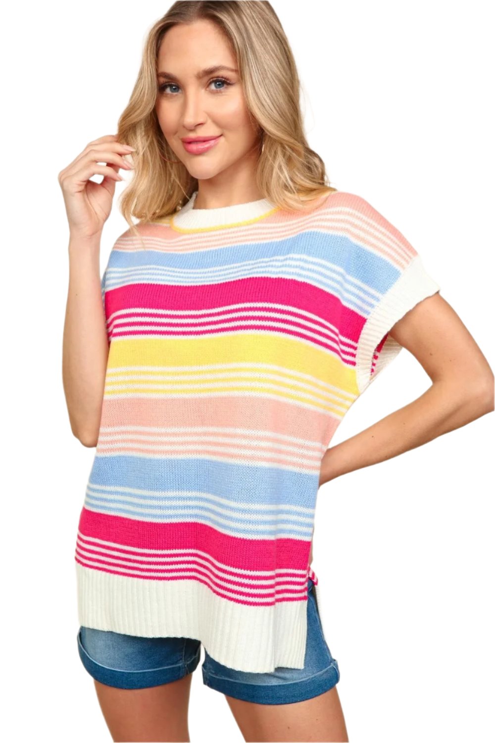 TEEK - Blue Fuchsia Yellow Striped Side Slit Knit Top TOPS TEEK Trend S  