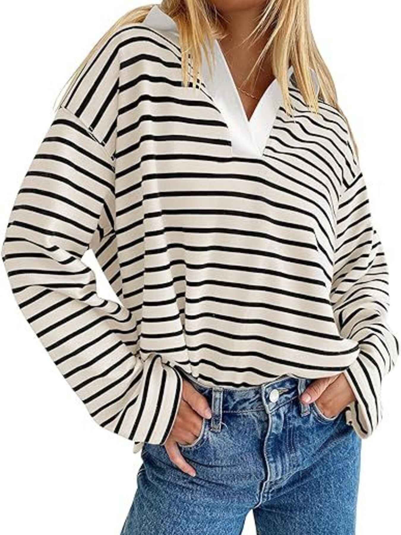 Striped Contrast Collar Long Sleeve Top Trendsi