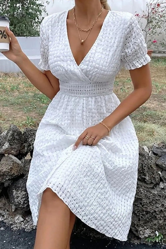 TEEK - White Textured Short Sleeve Dress DRESS TEEK Trend S  