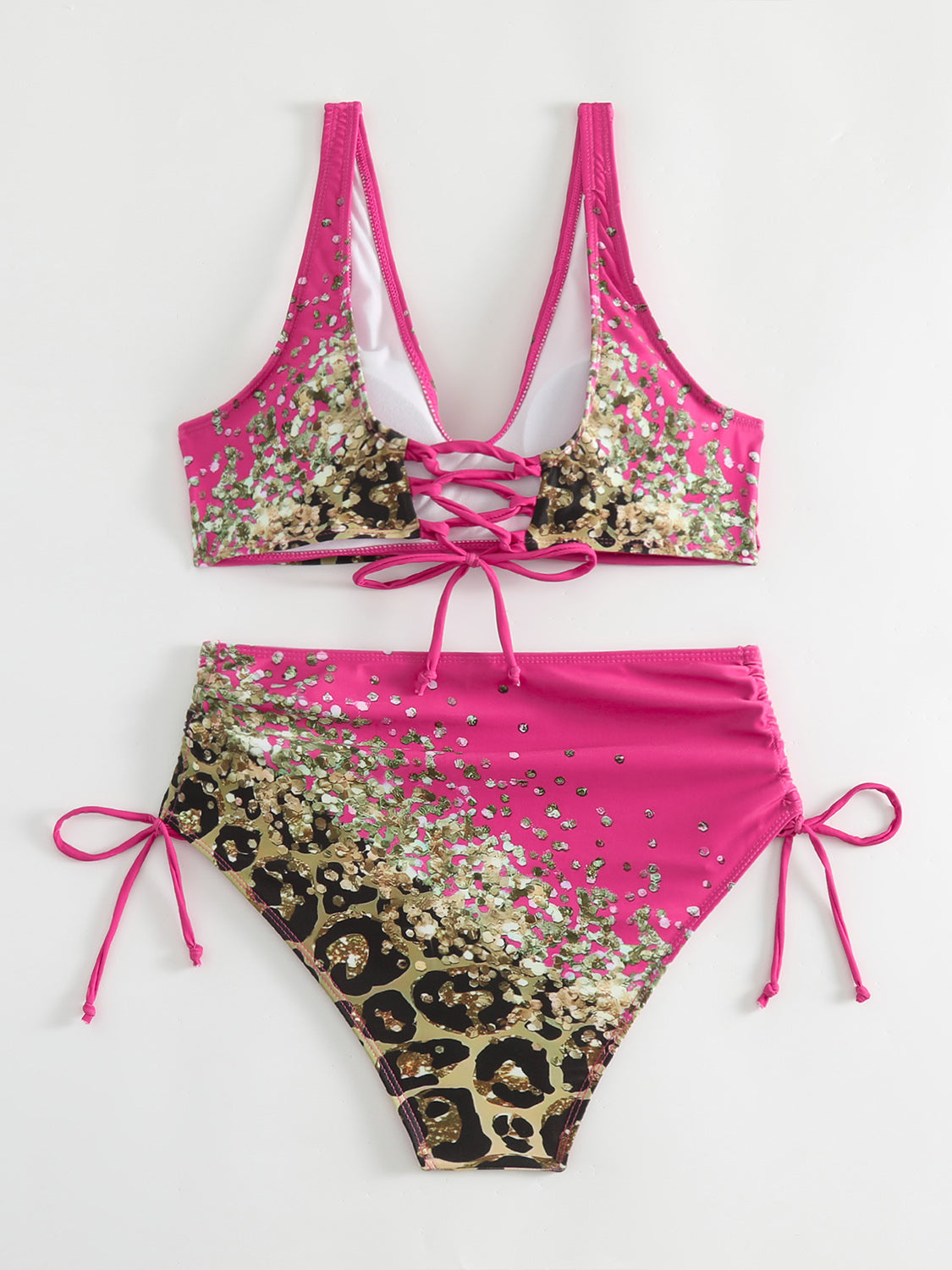 TEEK - Lace-Up Printed Wide Strap Bikini SWIMWEAR TEEK Trend Hot Pink S 