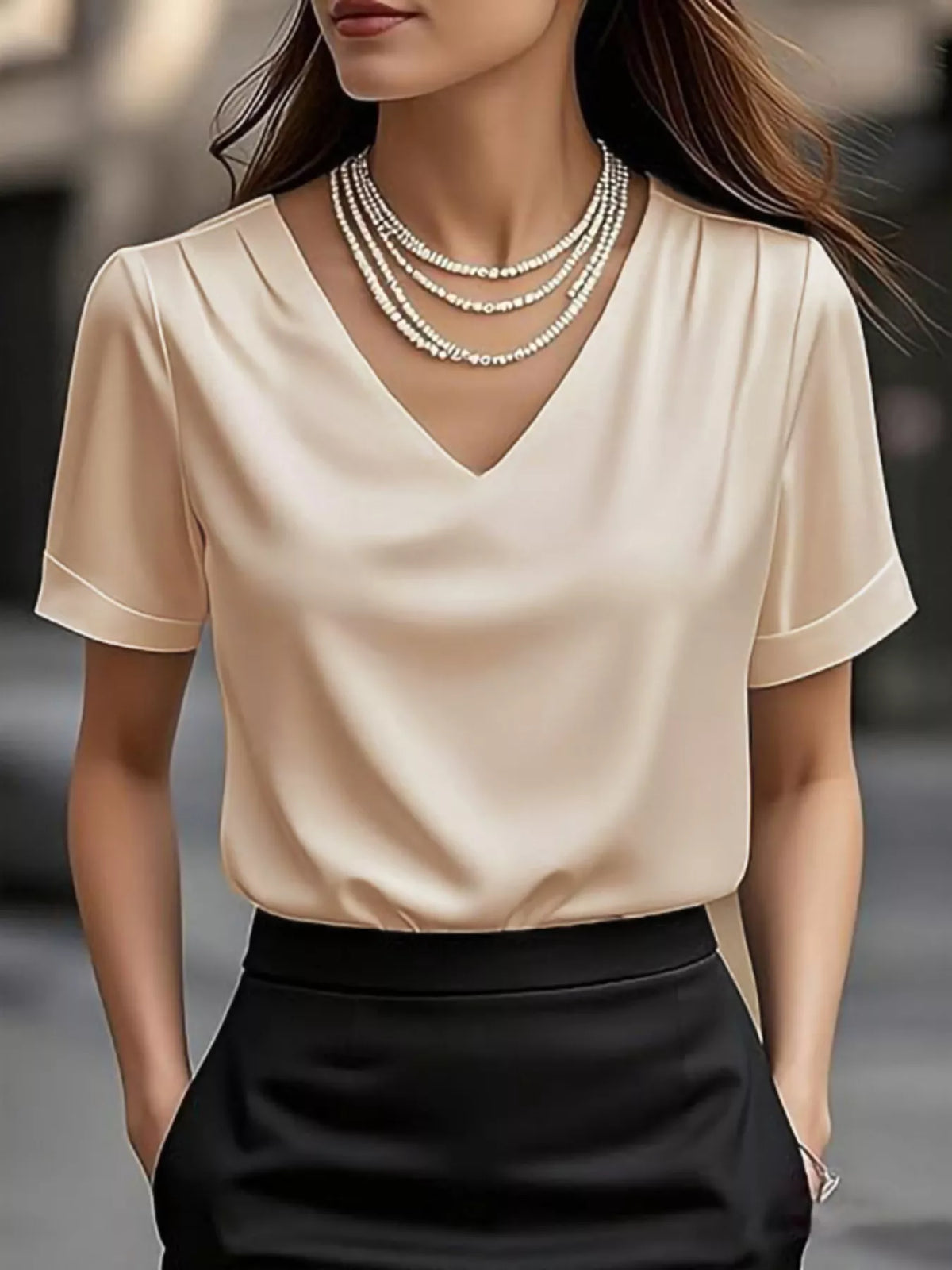 Elegant V-Neck Short Sleeve Ruched Top Trendsi Beige S