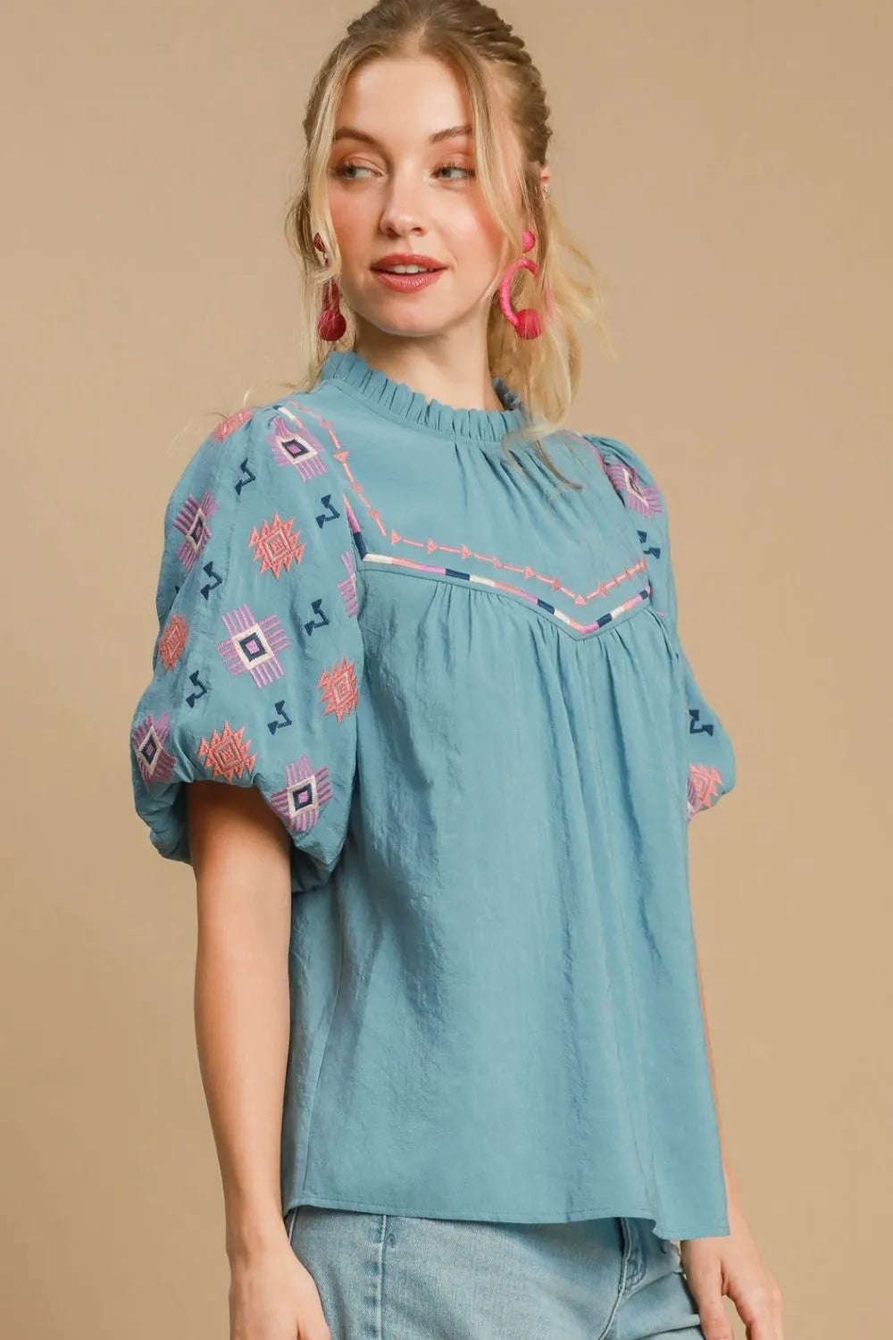 TEEK - Teal Embroidered Puff Sleeve Mock Neck Top TOPS TEEK Trend