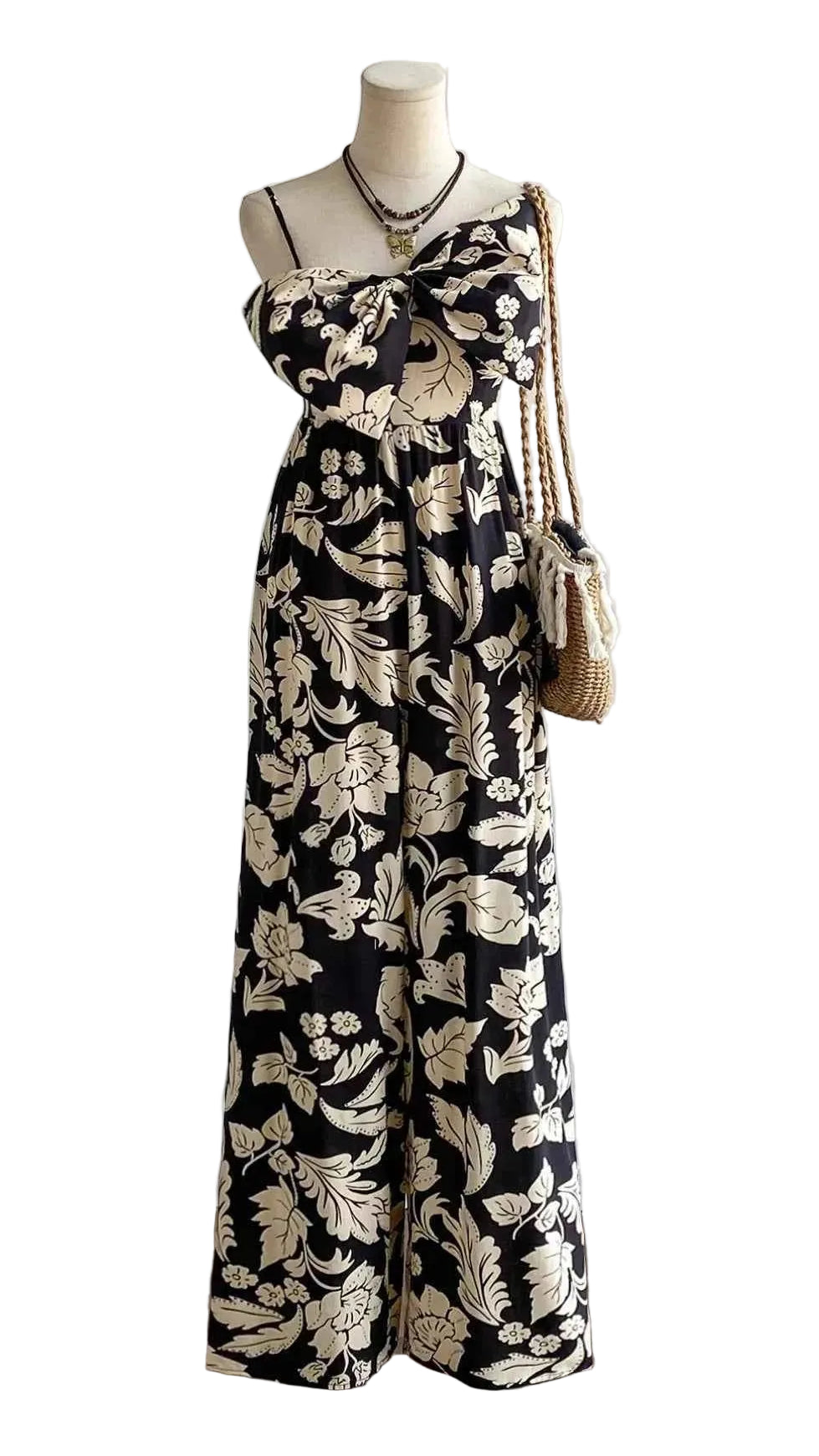 TEEK - Floral Print Bowknot Wide Leg Jumpsuit JUMPSUIT TEEK Trend Black S