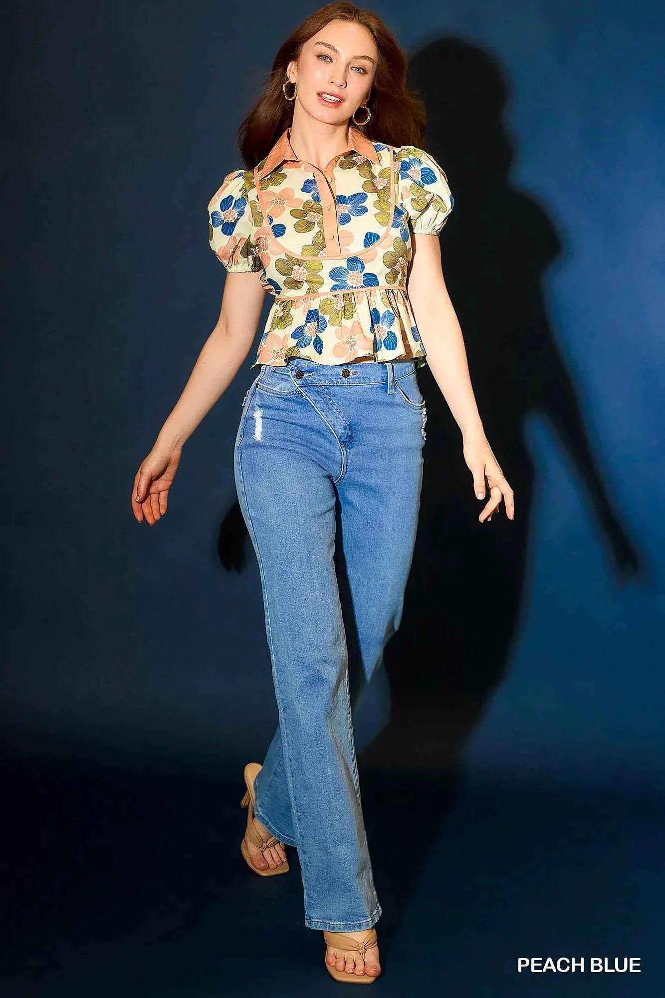 TEEK - Floral Print Puff Sleeve Cropped Blouse TOPS TEEK Trend PEACH/BLUE S