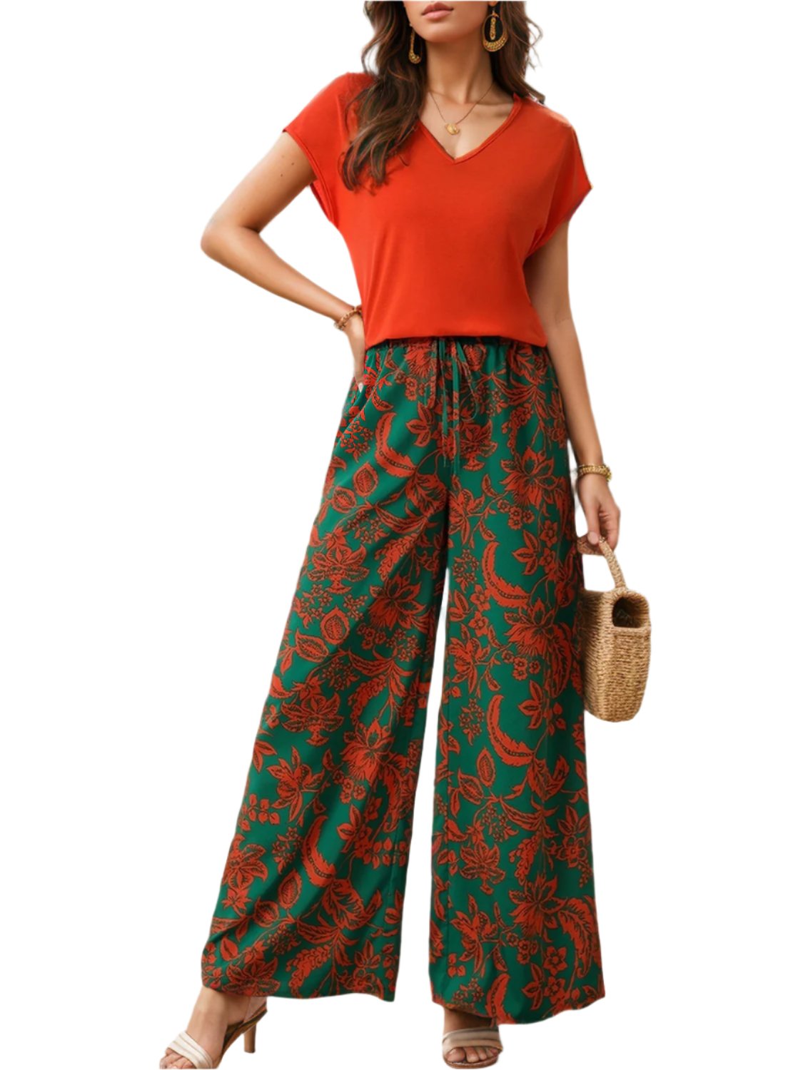 TEEK - Orange V-Neck Short Sleeve Top Printed Pants Set SET TEEK Trend S  