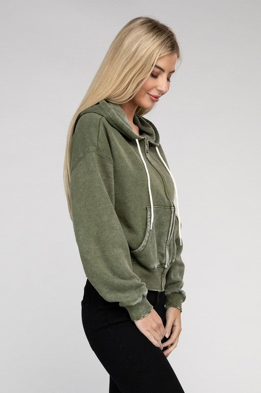 TEEK - Acid Wash Fleece Cropped Zip-Up Hoodie JACKET TEEK FG   