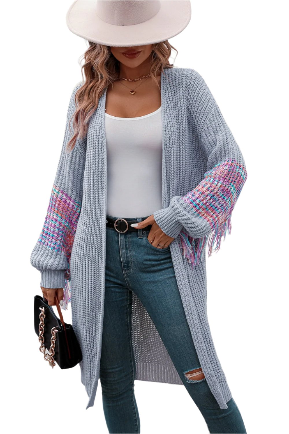 TEEK - Fringe Sleeve Dropped Shoulder Cardigan SWEATER TEEK Trend Cloudy Blue S 