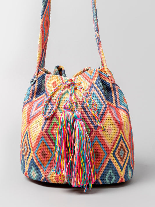 Drawstring Tassel Geometric Shoulder Bag  Trendsi Multicolor One Size 