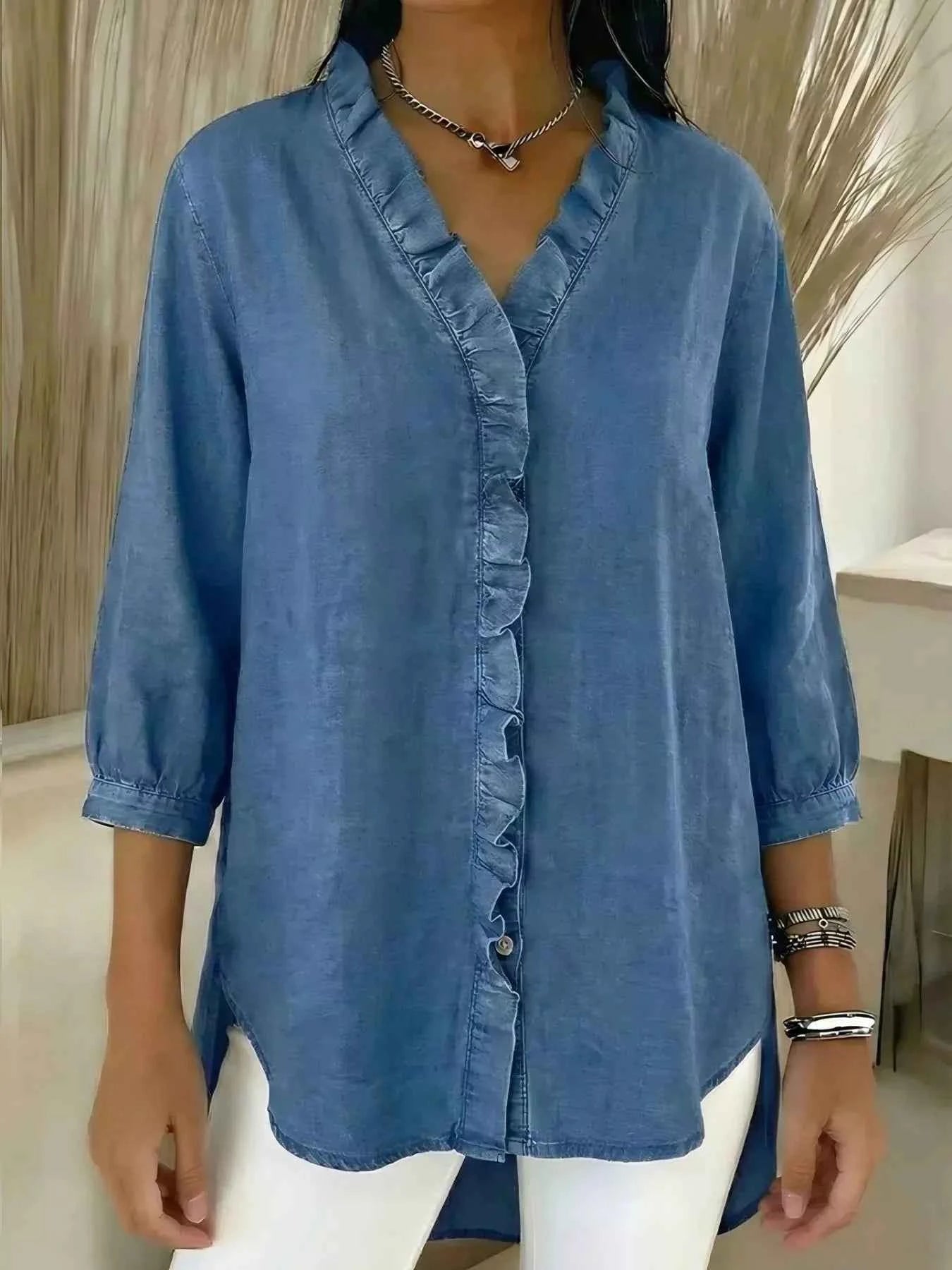 TEEK - Full Size V-Neck Ruffled Button Down Shirt Plus Size TOPS TEEK Trend Blue S