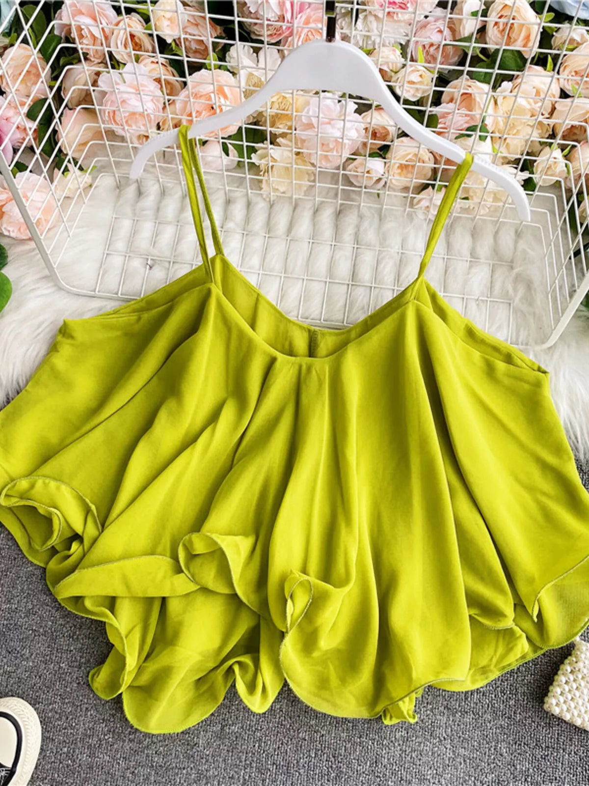 Ruffled Flowy Cami Trendsi Light Green One Size