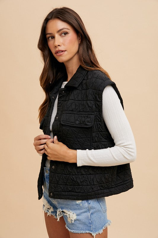 TEEK - Black Texture Quilted Snap Down Vest Coat VEST TEEK Trend