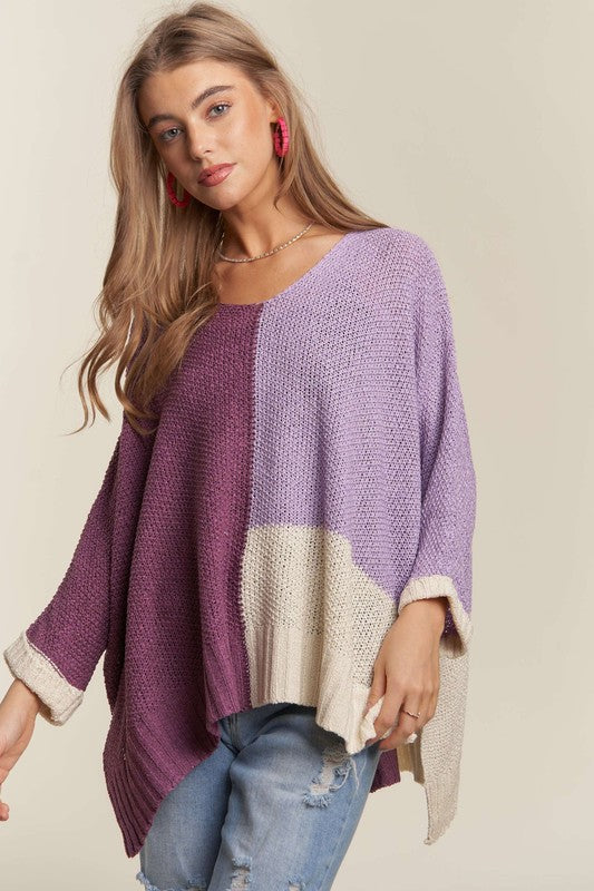 TEEK - Deep Purple Side Slit Color Block Long Sleeve Sweater TOPS TEEK Trend