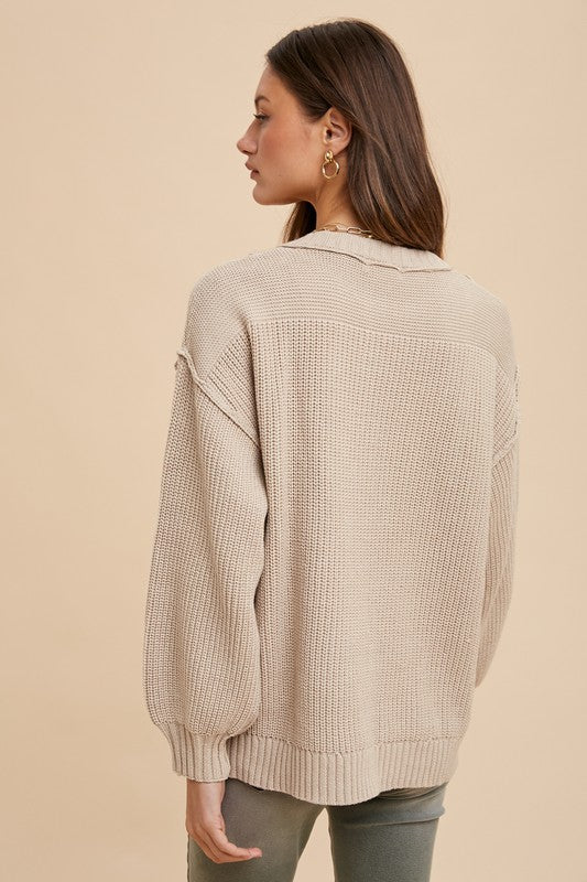 TEEK - Oatmeal Half Button Ribbed Hem Sweater TOPS TEEK Trend