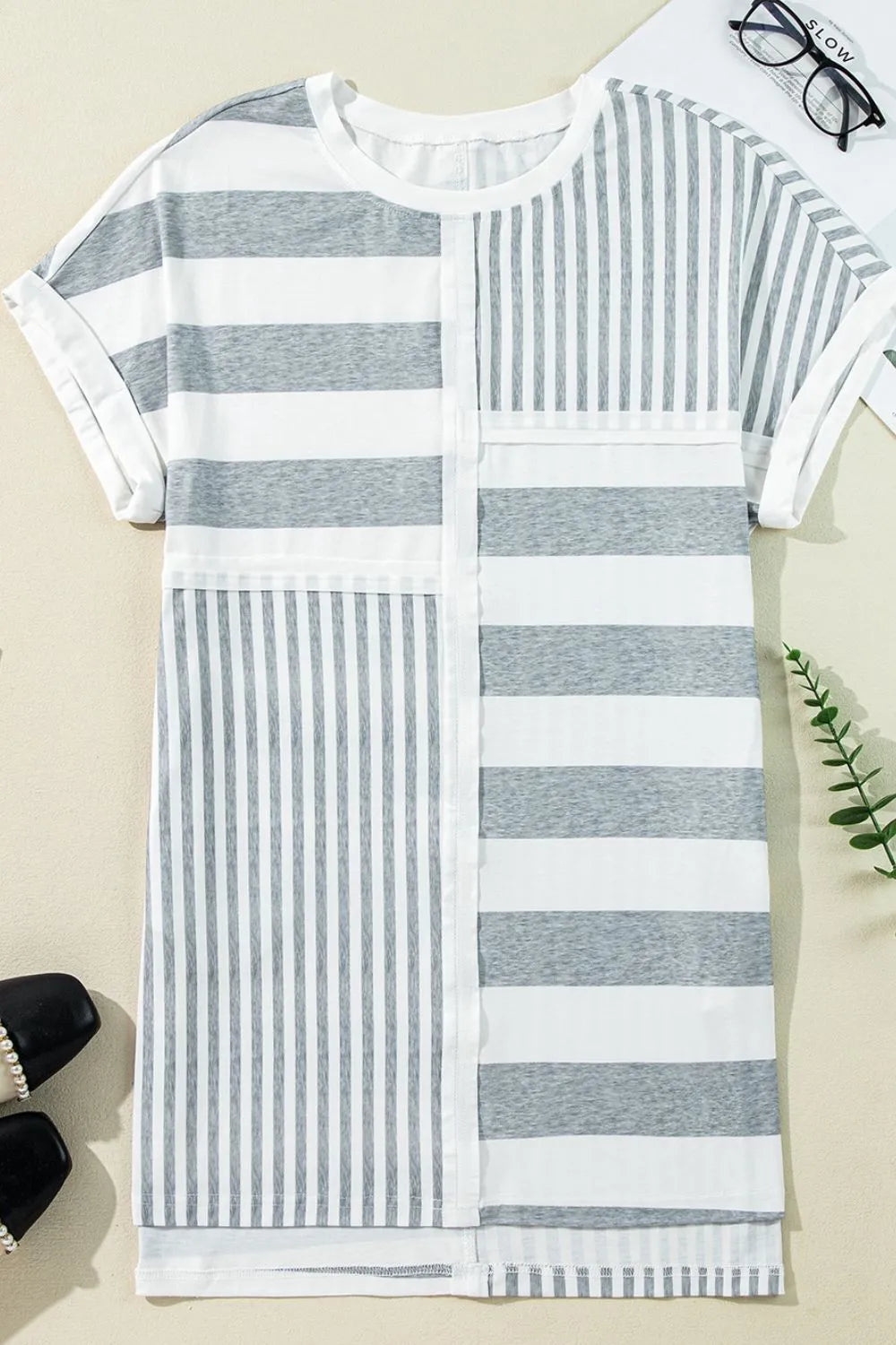 TEEK - Stripe Mixed Short Sleeve Shift Tee Dress DRESS TEEK Trend