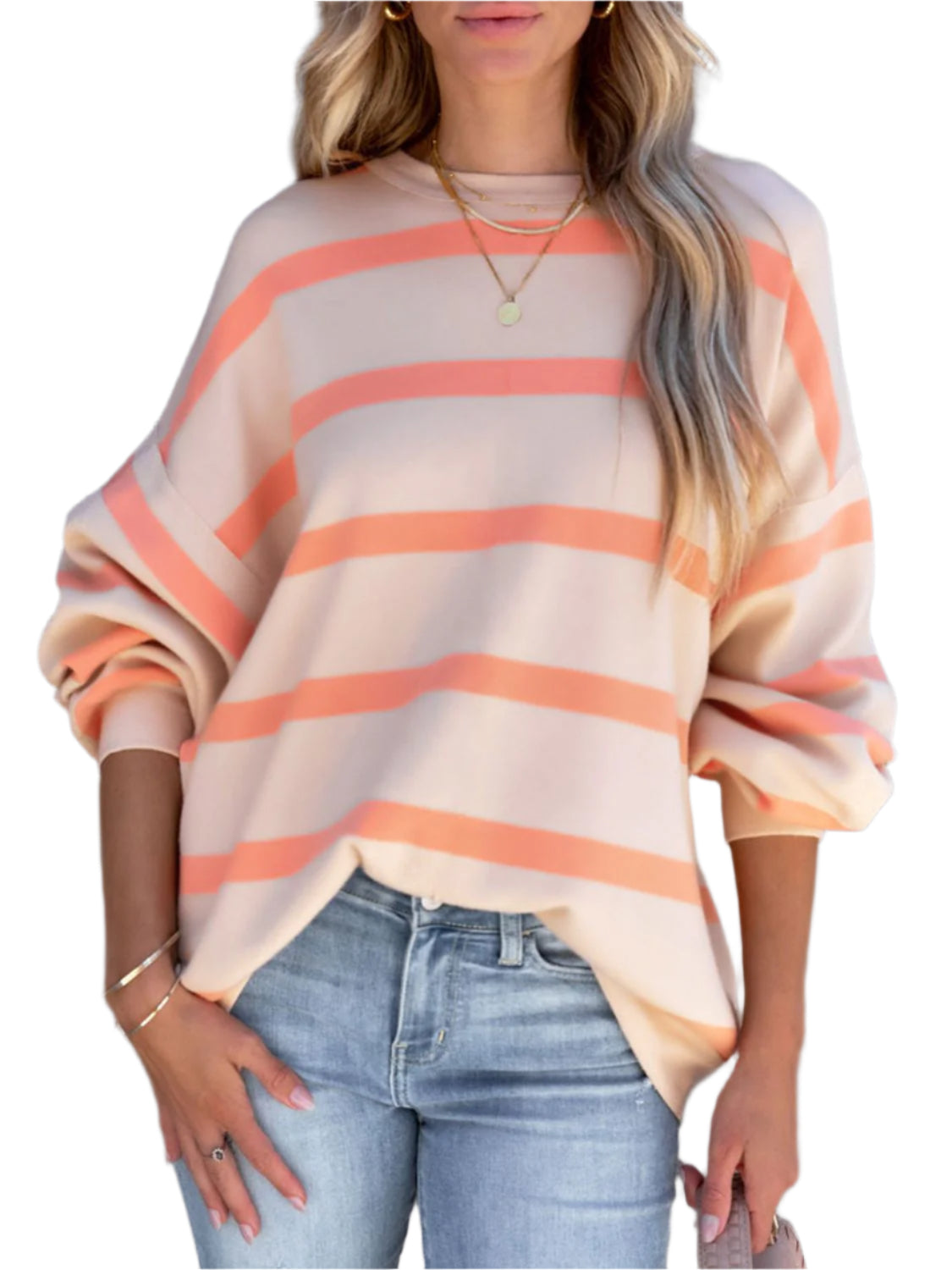 TEEK - Sherbet Striped Round Neck Long Sleeve Sweatshirt TOPS TEEK Trend M