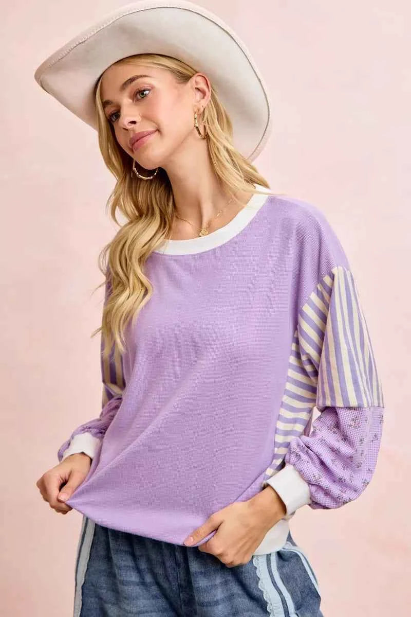 TEEK - Mix and Match Sweatshirt with Floral Sleeve Striped TOPS TEEK Trend