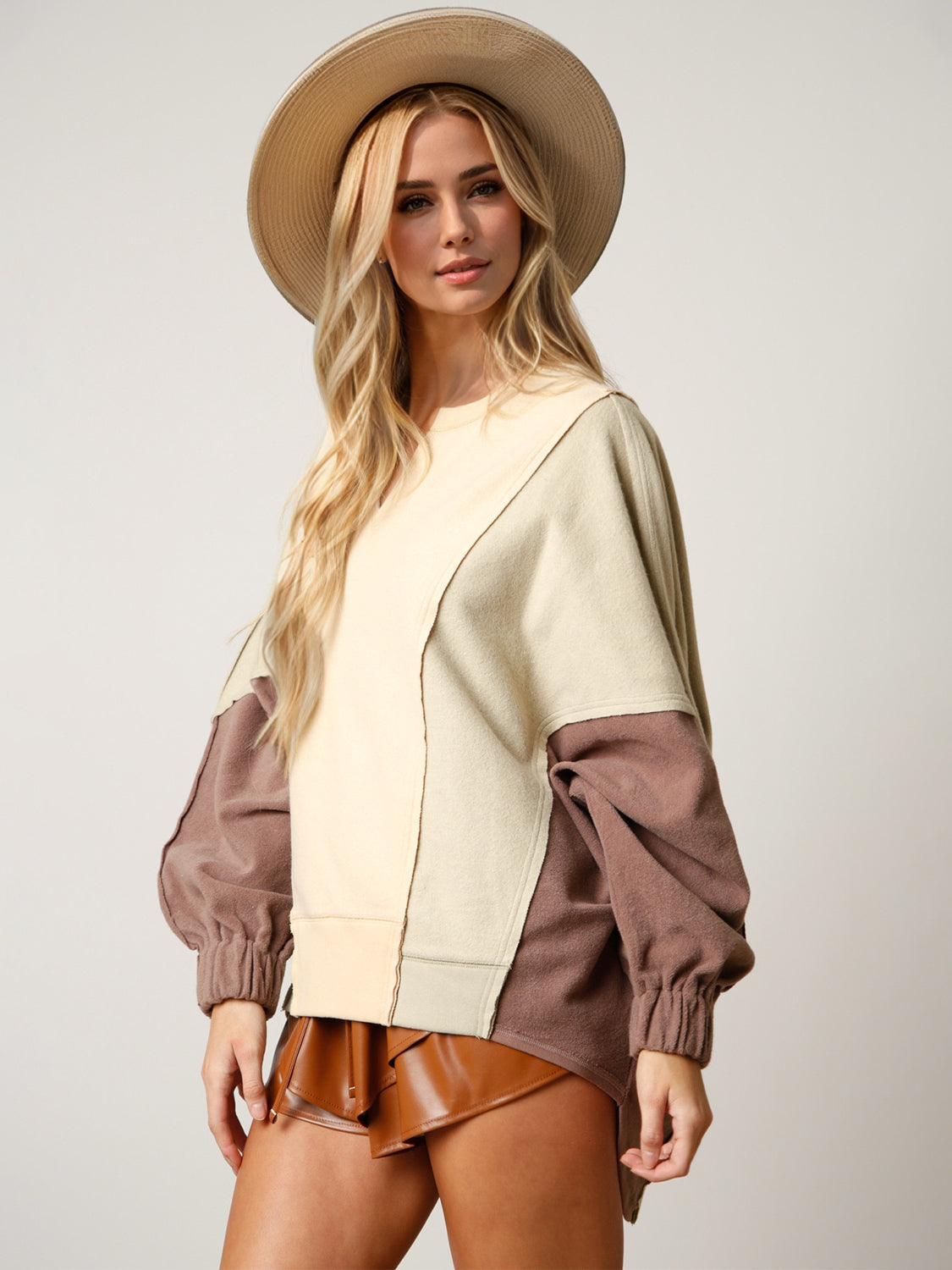 TEEK - High-Low Contrast Notched Long Sleeve Sweatshirt TOPS TEEK Trend