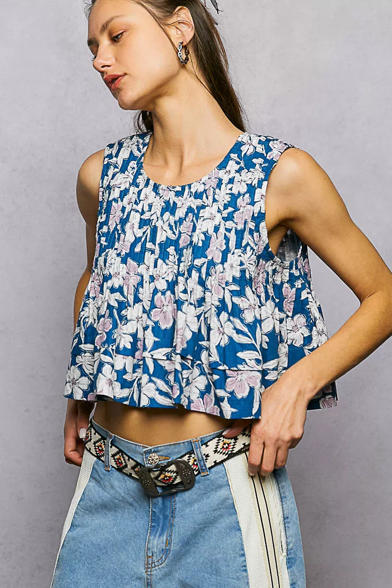 POL Floral Round Neck Cropped Pintuck Tank Trendsi