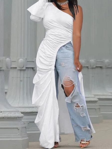 TEEK - Side-Cut Long Sleeve One-Shoulder Dress DRESS TEEK W White S 
