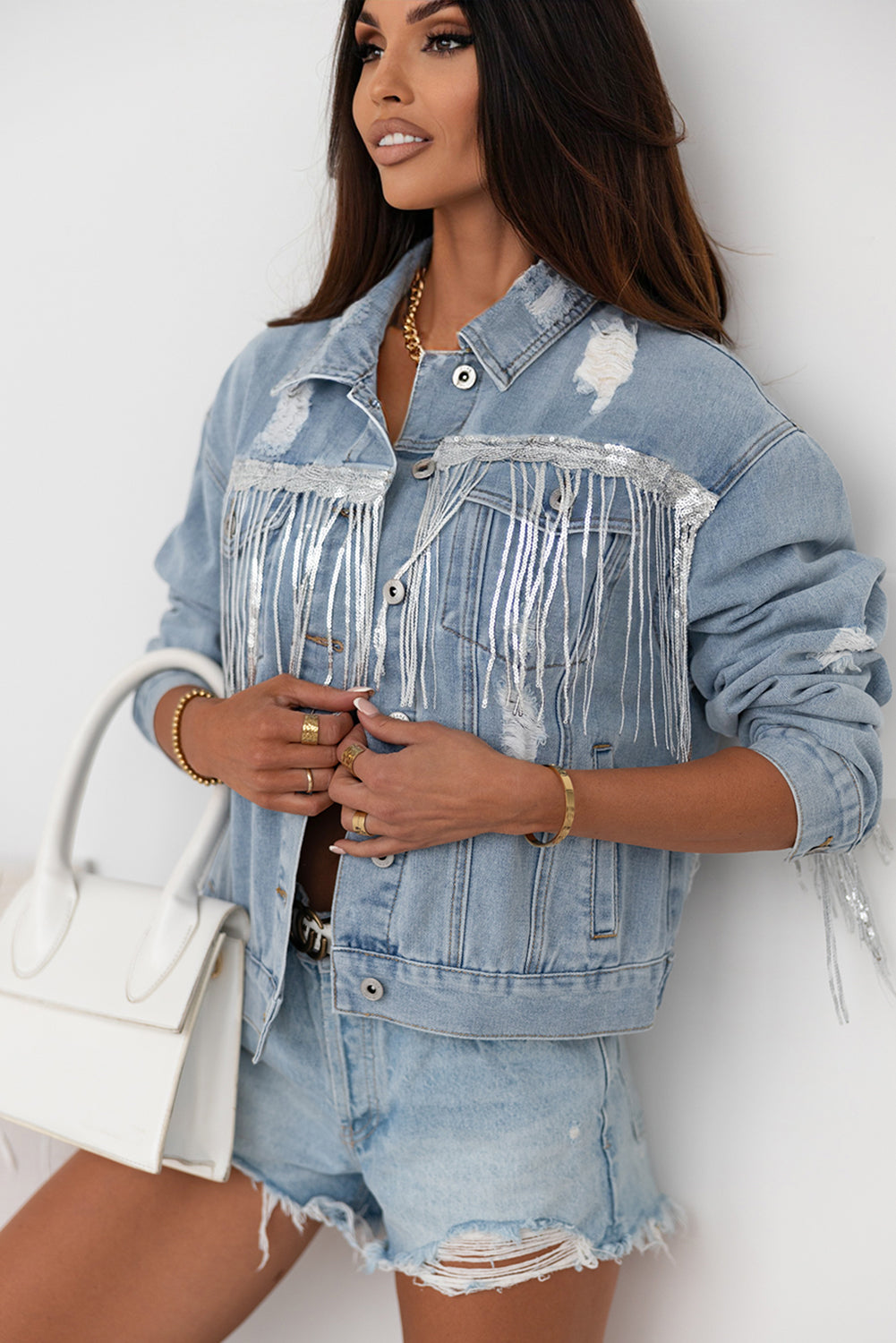 TEEK - Sequin Fringe Trim Distressed Button Up Denim Jacket JACKET TEEK Trend