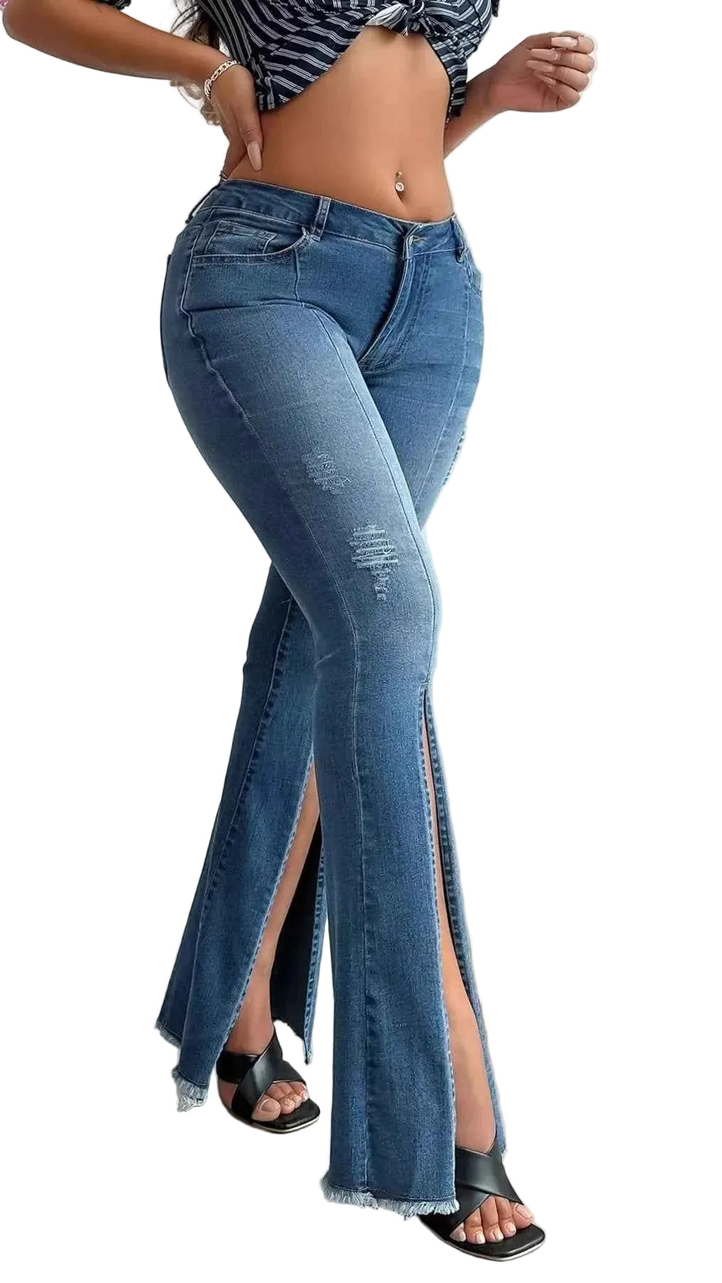 TEEK - Junior Womens Distressed Slit Flare Jeans JEANS TEEK Trend Blue XS