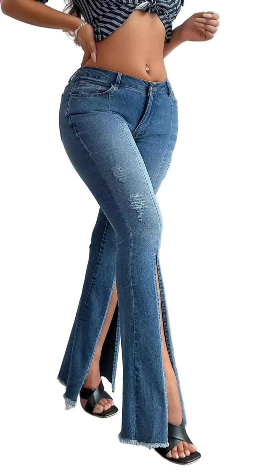 TEEK - Junior Womens Distressed Slit Flare Jeans JEANS TEEK Trend Blue XS