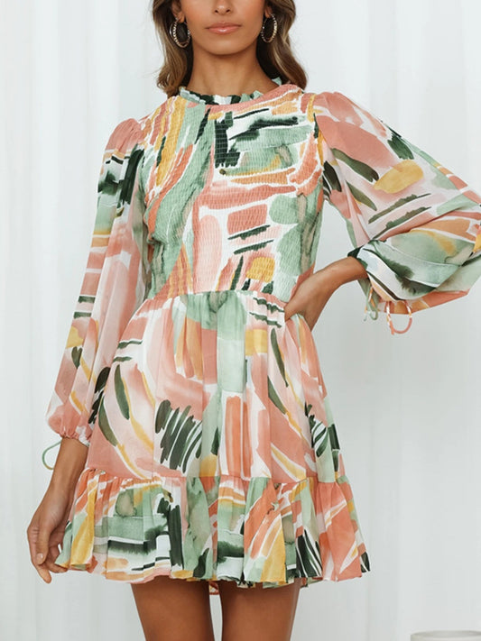 TEEK - Printed Multicolor Neck Balloon Sleeve Mini Dress DRESS TEEK Trend S  