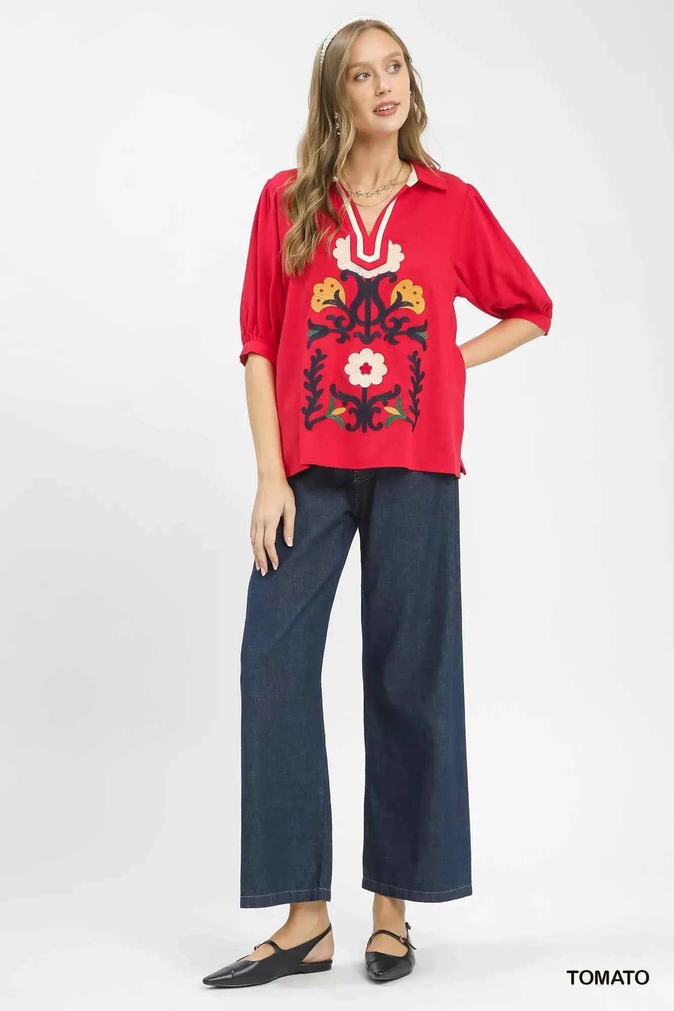 Umgee Mixed Media V-Neck Print Blouse Trendsi