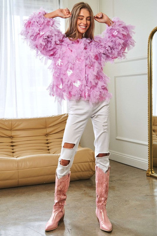 TEEK - Pink Fluffy Tiered Ruffle Long Sleeve Jacket JACKET TEEK FG   