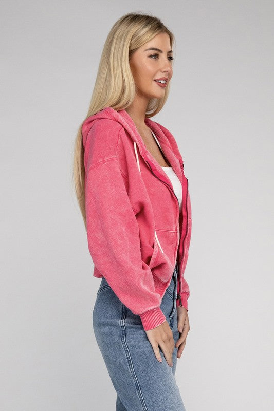 TEEK - Acid Wash Fleece Cropped Zip-Up Hoodie JACKET TEEK FG   