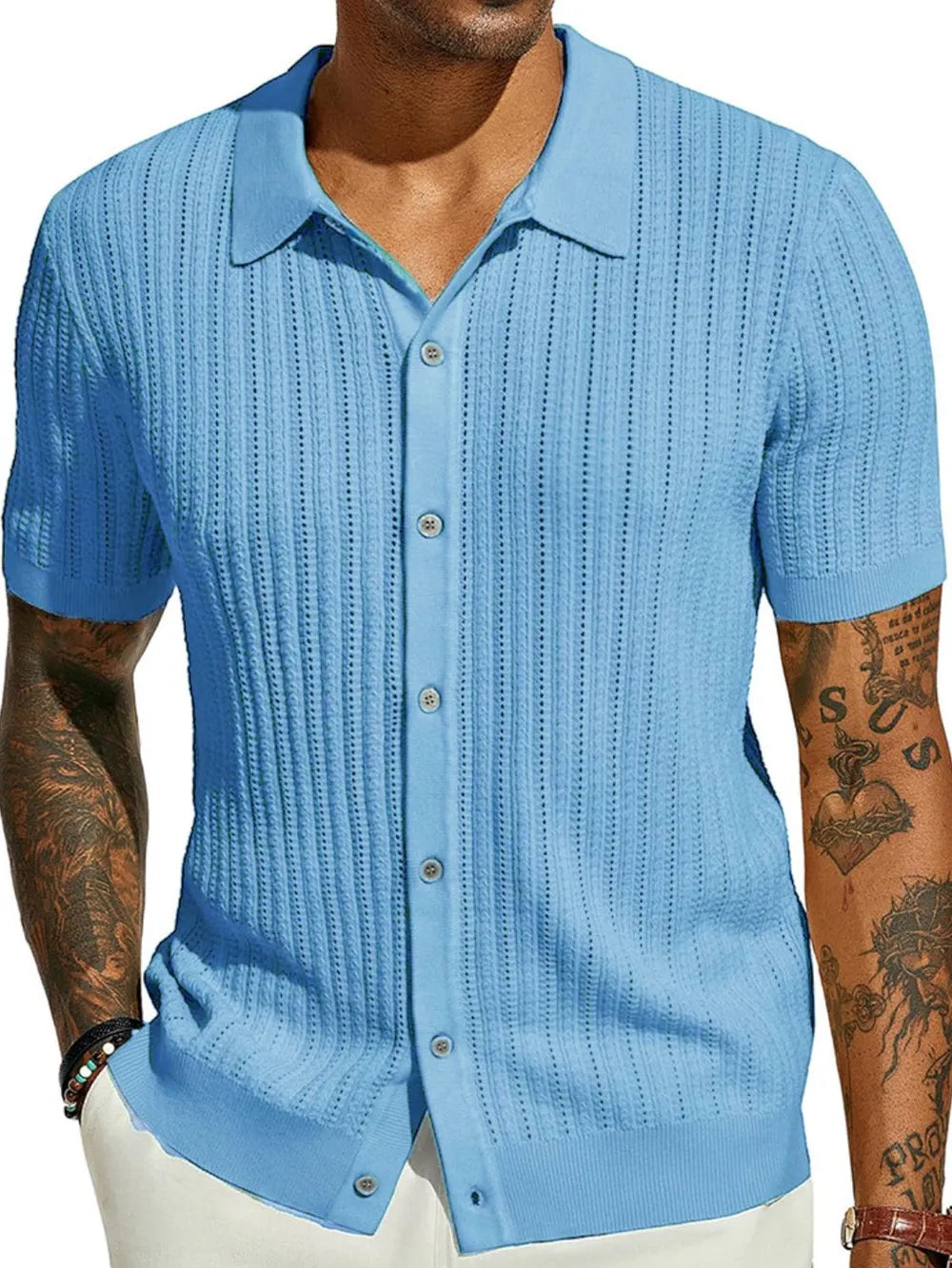 TEEK - Mens Openwork Button Down Collared Neck Shirt TOPS TEEK Trend Light Blue S