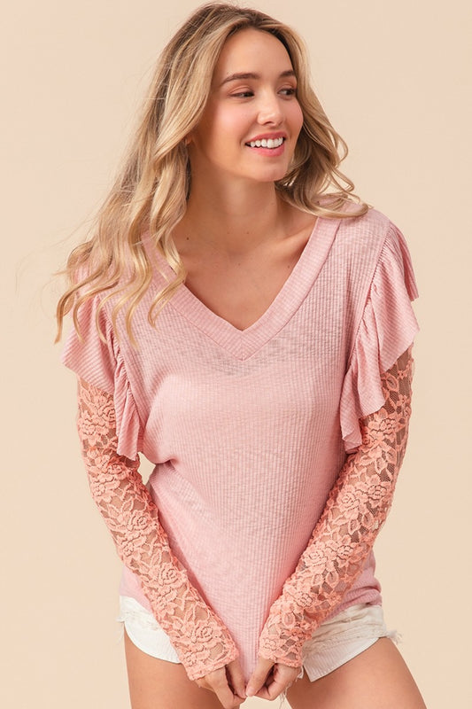 TEEK - Blush Pink Ruffled Lace Sleeve Rib Knit Top TOPS TEEK Trend S  