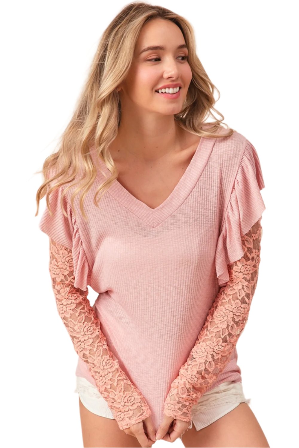 TEEK - Blush Pink Ruffled Lace Sleeve Rib Knit Top TOPS TEEK Trend S  