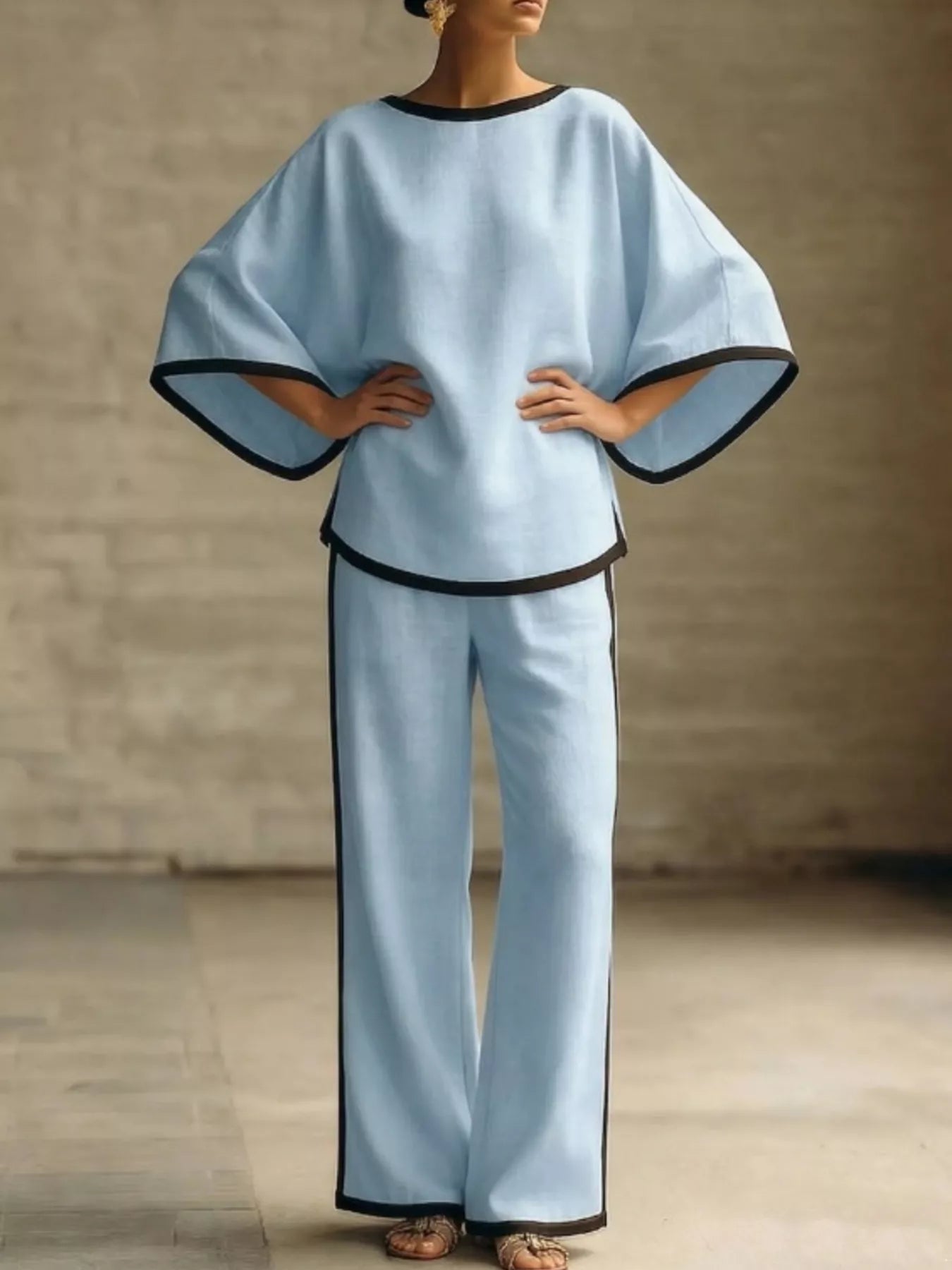 Full Size Contrast Trim Top and Wide-Leg Pants Set Plus Size Trendsi Blue S