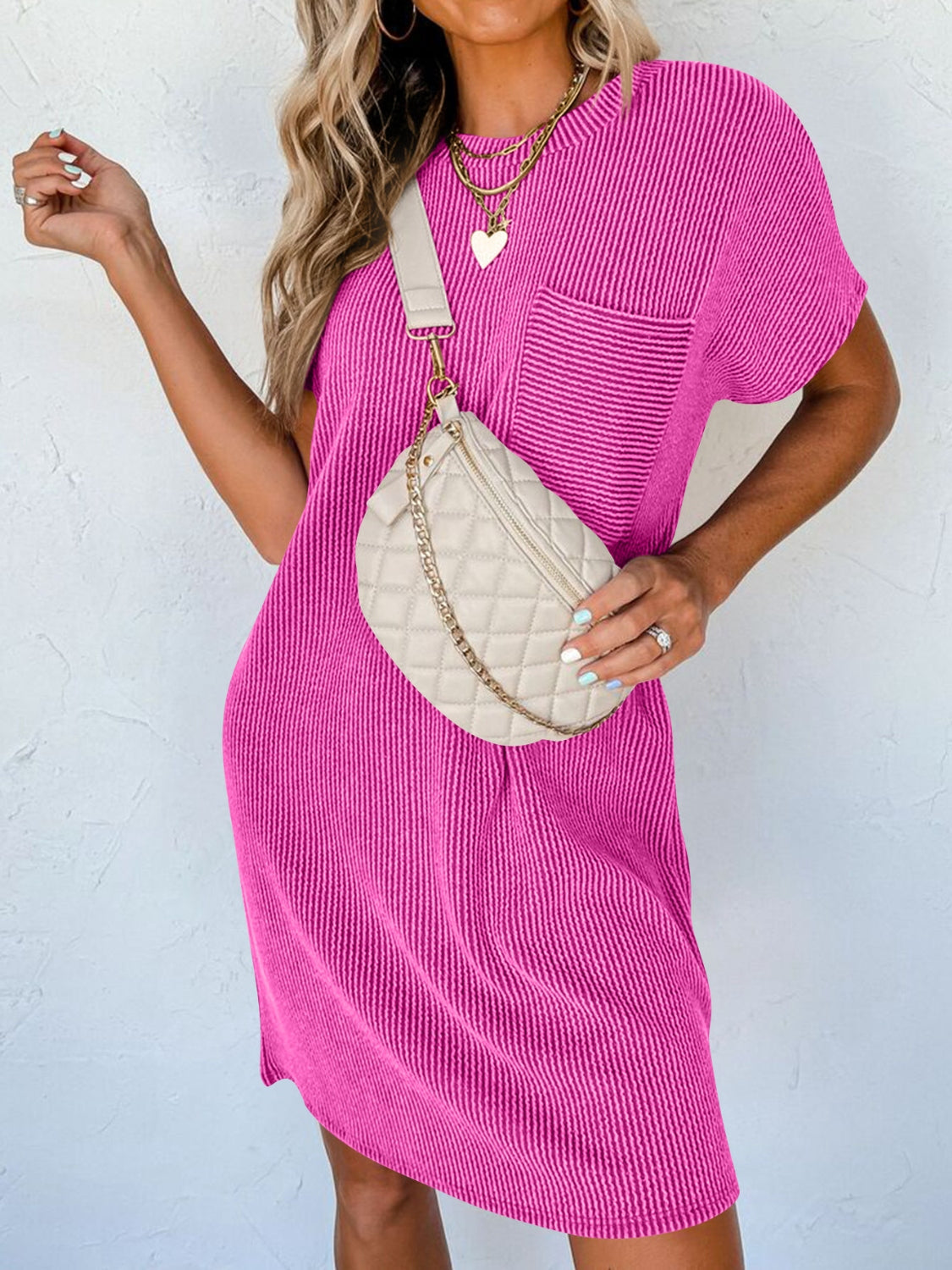 TEEK - Round Neck Short Sleeve Mini Dress TOPS TEEK Trend Hot Pink S 