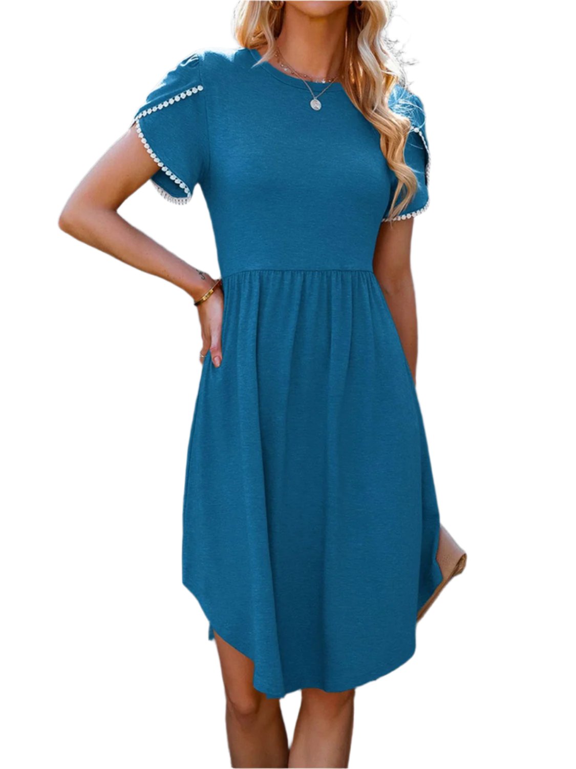 TEEK - Round Neck Petal Sleeve Dress DRESS TEEK Trend Peacock  Blue S 