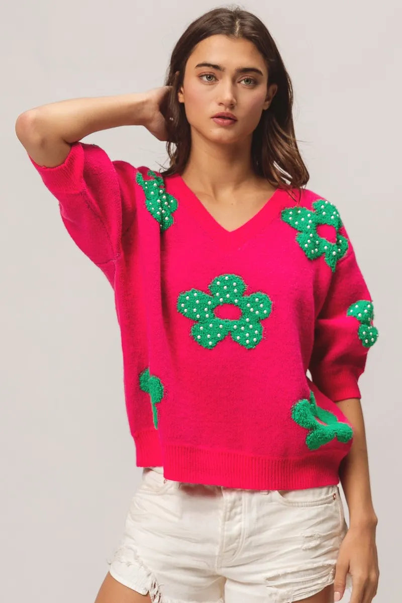 TEEK - Fuchsia Jade Pearl Beads Flowers Sweater Top TOPS TEEK Trend