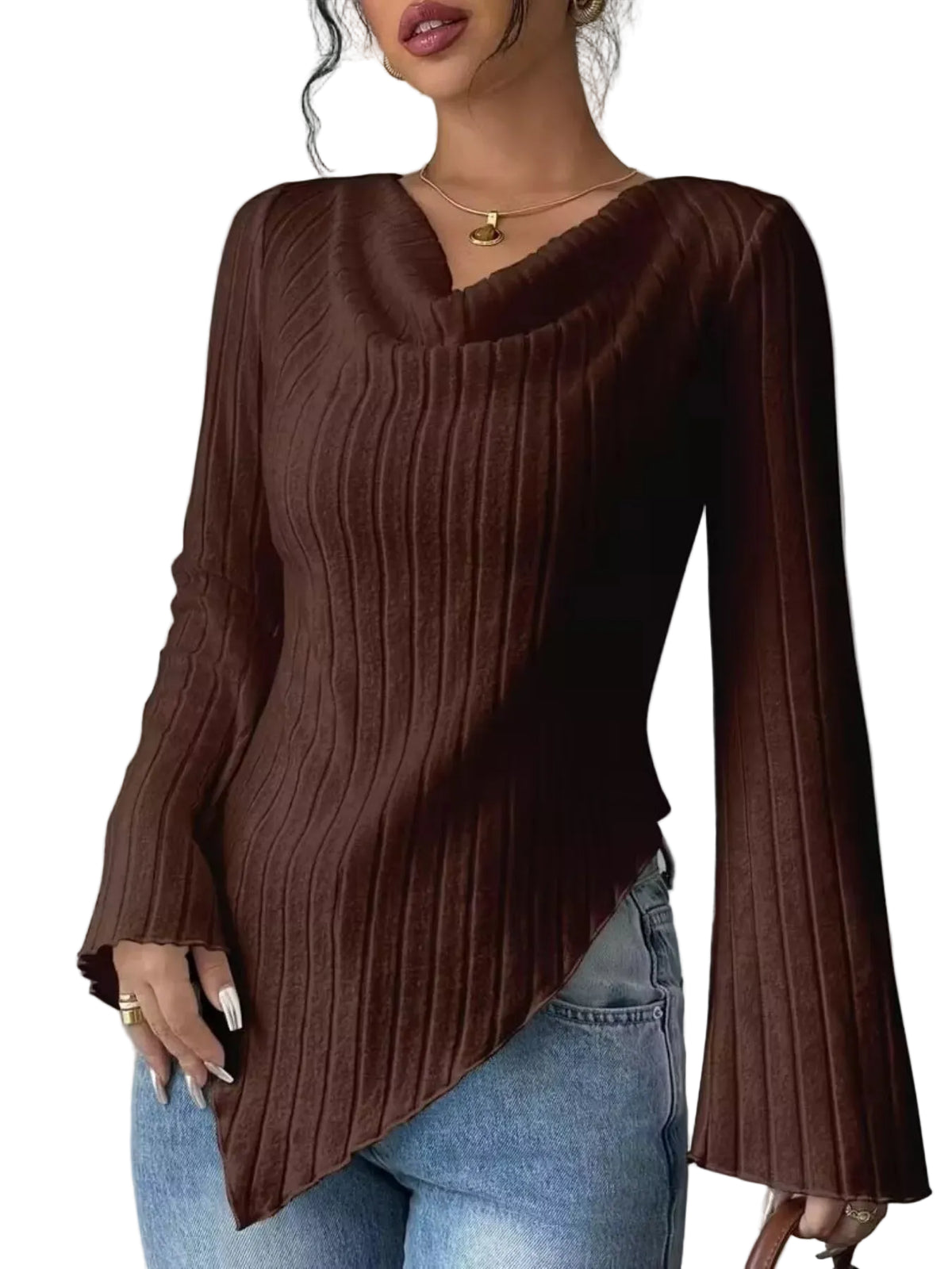 TEEK - Cowl Neck Ribbed Knit Top TOPS TEEK Trend Brown S