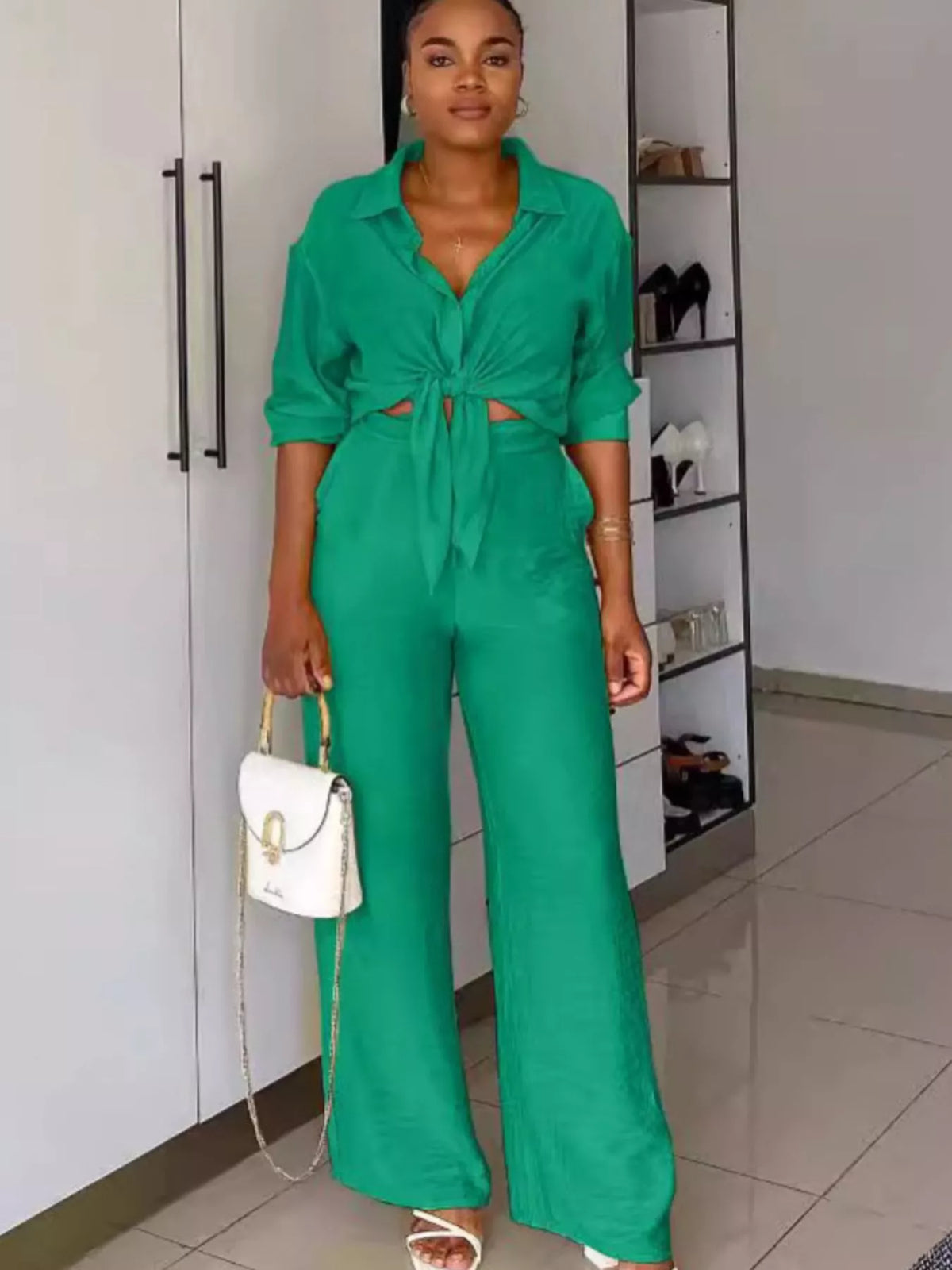 TEEK - Tie-Front Top and Wide Leg Pants Set SET TEEK Trend