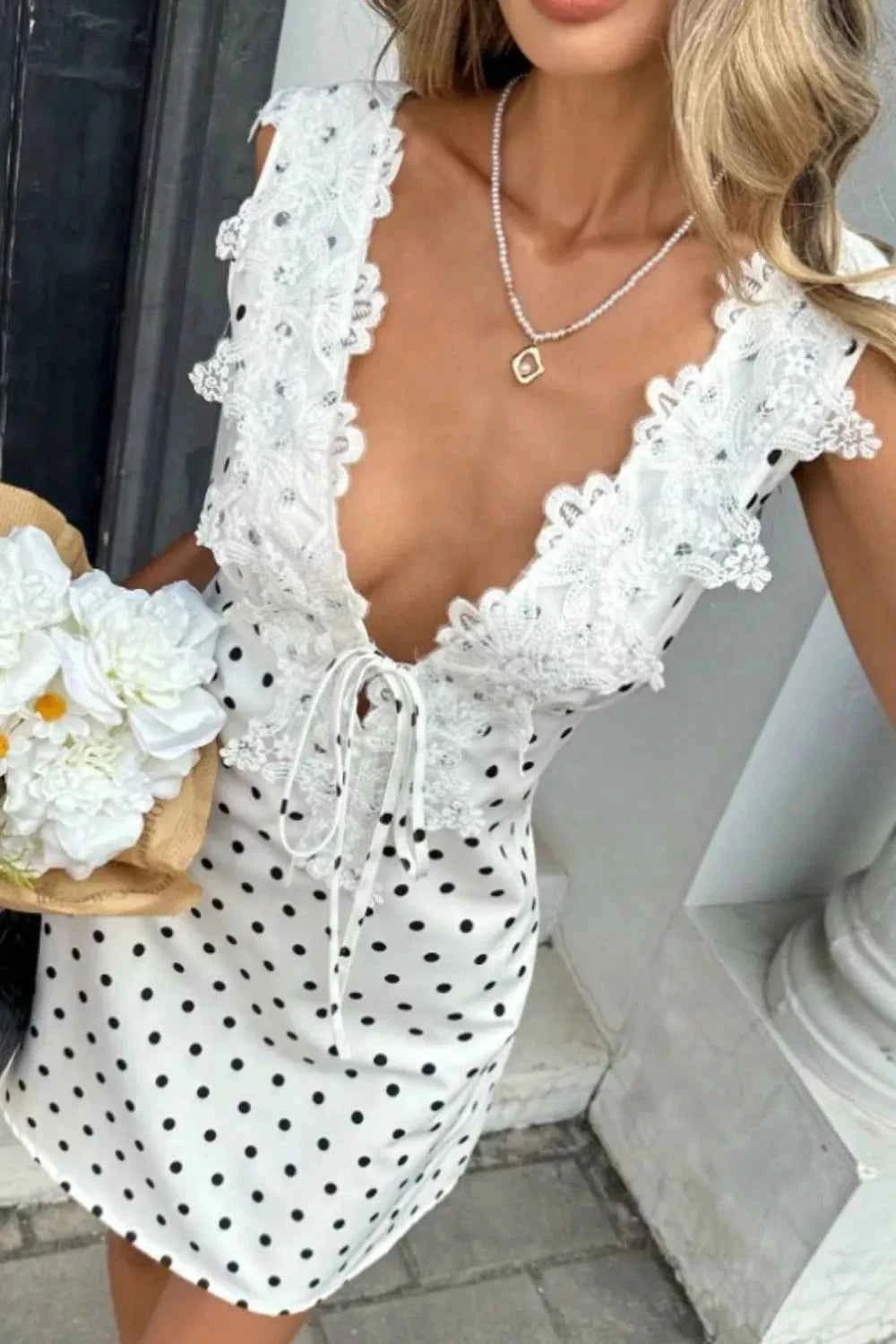 Lace Trim Polka Dot Mini Dress Trendsi