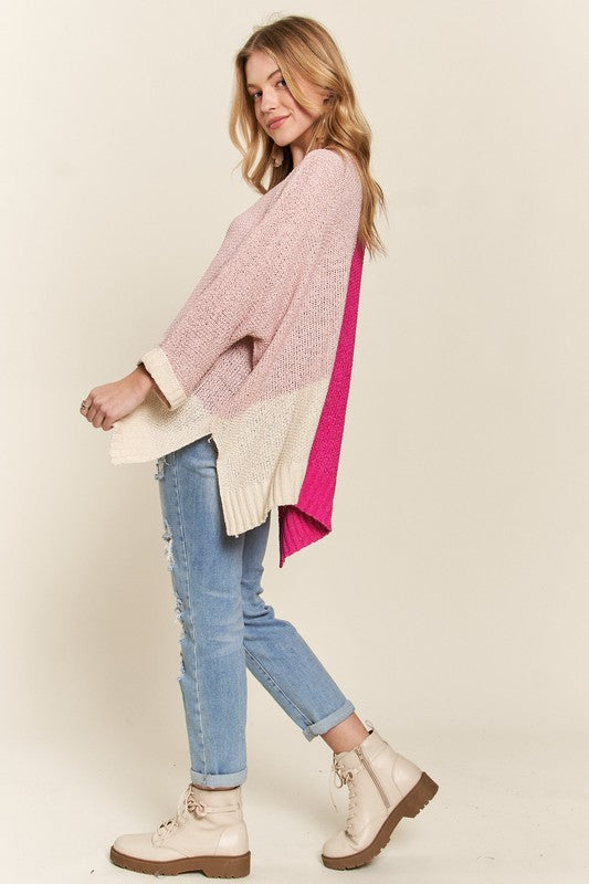 TEEK - Hot Pink Side Slit Color Block Long Sleeve Sweater TOPS TEEK Trend