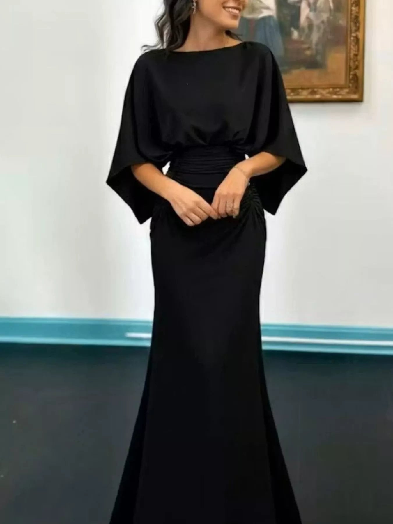Batwing Sleeve Ruched Maxi Dress Trendsi