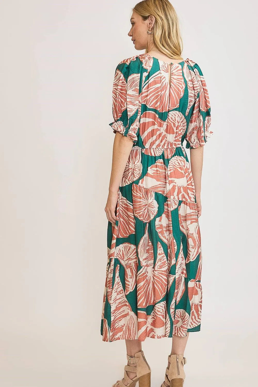 TEEK - Green Clay Printed Notched Puff Sleeve Dress DRESS TEEK Trend